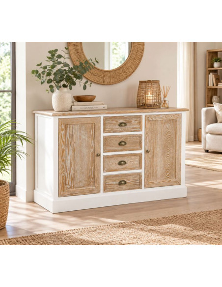 Buffet bas 2 portes 4 tiroirs blanc et bois patiné 124x40x80 cm Votin  - 2