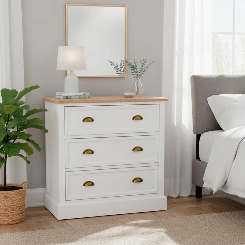Commode blanche 3 tiroirs plateau effet bois 80x40x80 cm Votin  - 2