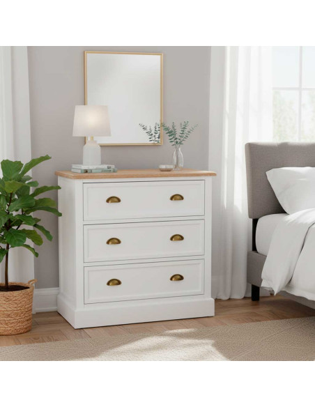 Commode blanche 3 tiroirs plateau effet bois 80x40x80 cm Votin  - 2