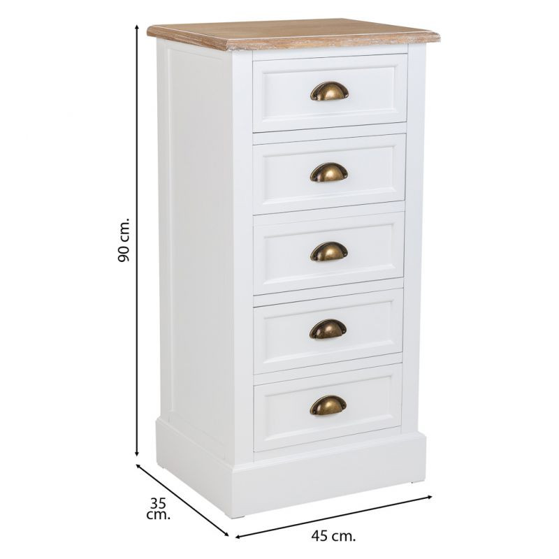 Chiffonnier 5 tiroirs blanc plateau bois 45x35x90 cm Votin  - 7