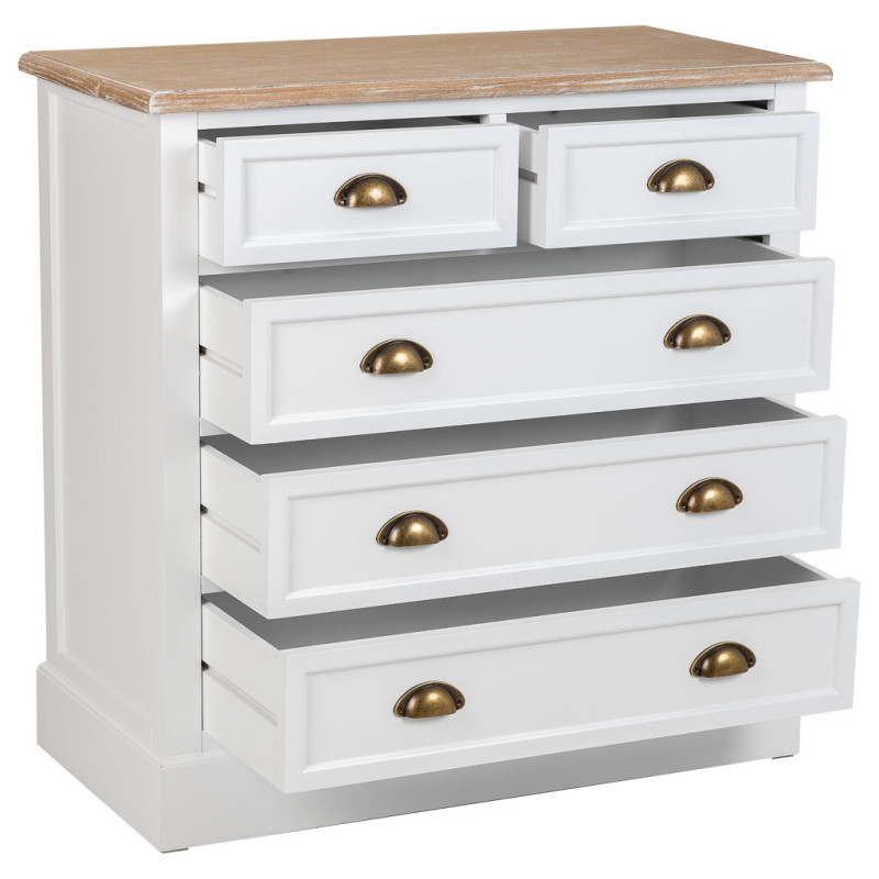Commode blanche 5 tiroirs plateau effet bois 80x40x80,5 cm Votin  - 3