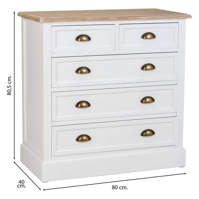 Commode blanche 5 tiroirs plateau effet bois 80x40x80,5 cm Votin  - 7