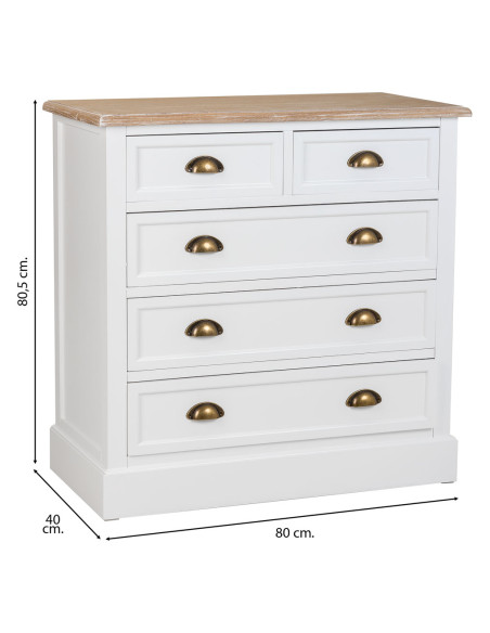 Commode blanche 5 tiroirs plateau effet bois 80x40x80,5 cm Votin  - 7