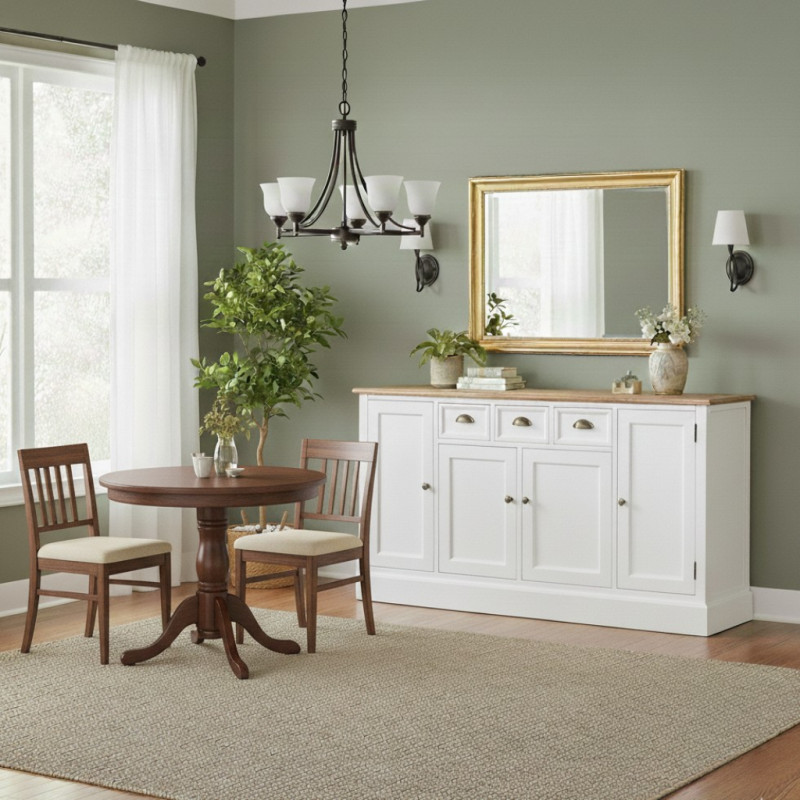 Buffet bas blanc et bois 4 portes 3 tiroirs 150x40x80,5 cm Votin  - 2