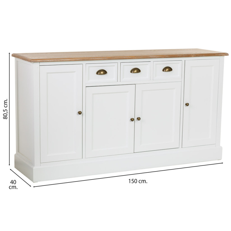 Buffet bas blanc et bois 4 portes 3 tiroirs 150x40x80,5 cm Votin  - 10