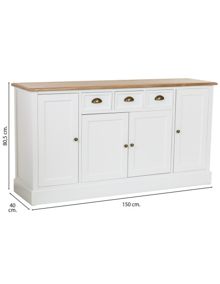 Buffet bas blanc et bois 4 portes 3 tiroirs 150x40x80,5 cm Votin  - 10
