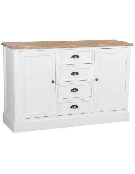 Buffet bas blanc et effet bois 2 portes 4 tiroirs 124x40x80 cm Votin  - 1