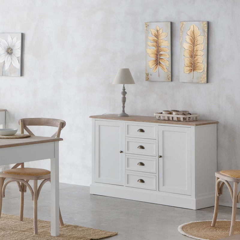 Buffet bas blanc et effet bois 2 portes 4 tiroirs 124x40x80 cm Votin  - 2