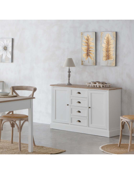 Buffet bas blanc et effet bois 2 portes 4 tiroirs 124x40x80 cm Votin  - 2