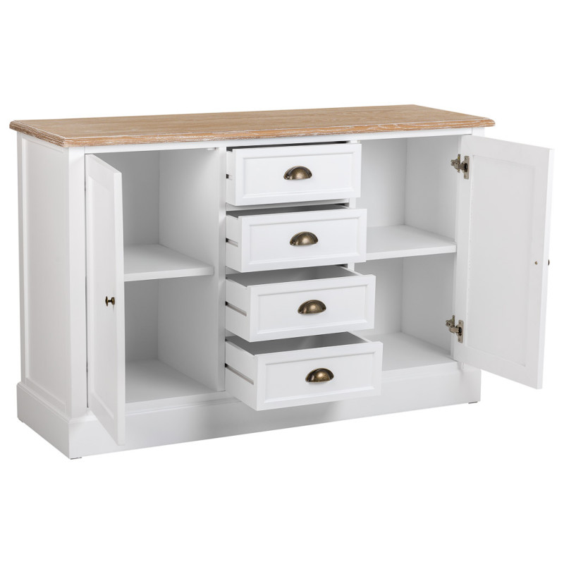 Buffet bas blanc et effet bois 2 portes 4 tiroirs 124x40x80 cm Votin  - 4