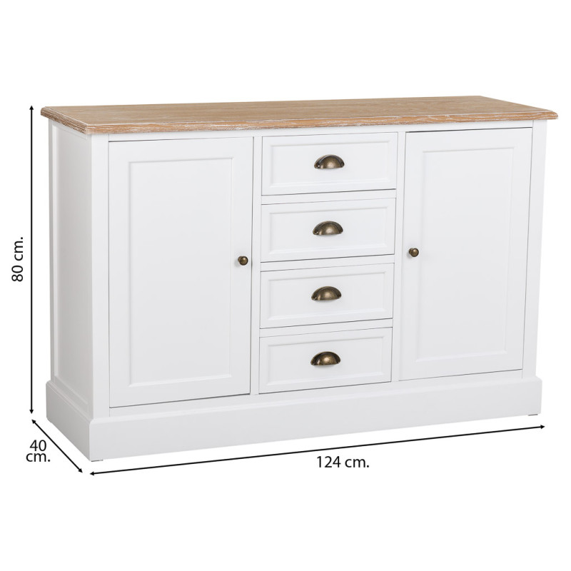 Buffet bas blanc et effet bois 2 portes 4 tiroirs 124x40x80 cm Votin  - 9