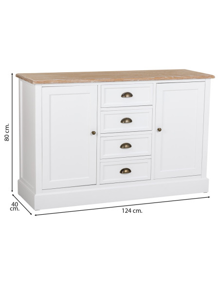 Buffet bas blanc et effet bois 2 portes 4 tiroirs 124x40x80 cm Votin  - 9