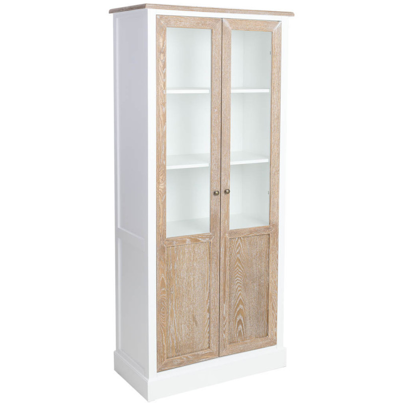 Vitrine 2 portes vitrées blanc et bois patiné 81x40x180 cm Votin  - 1