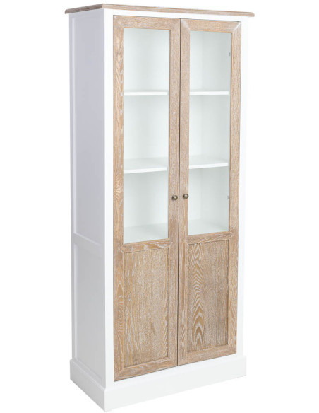 Vitrine 2 portes vitrées blanc et bois patiné 81x40x180 cm Votin  - 1