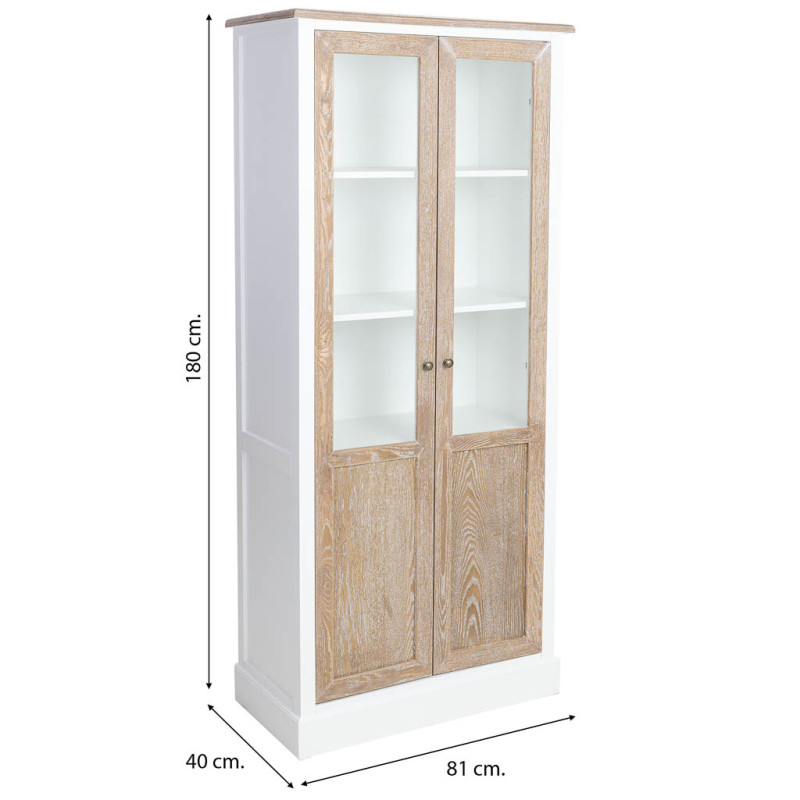 Vitrine 2 portes vitrées blanc et bois patiné 81x40x180 cm Votin  - 10
