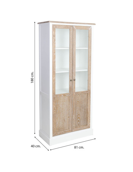 Vitrine 2 portes vitrées blanc et bois patiné 81x40x180 cm Votin  - 10