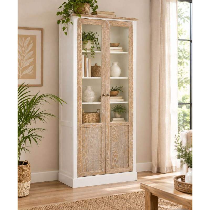 Vitrine 2 portes vitrées blanc et bois patiné 81x40x180 cm Votin  - 2