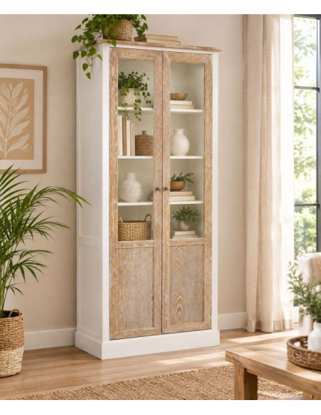 Vitrine 2 portes vitrées blanc et bois patiné 81x40x180 cm Votin  - 2