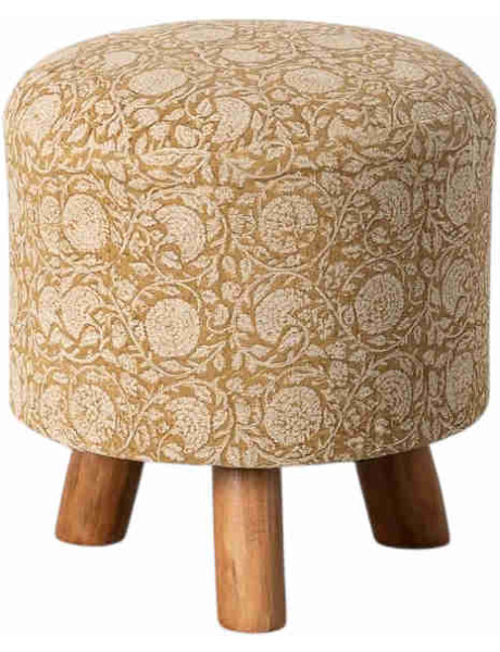 Pouf rond fleuri ocre en coton et lin 40x40x45 cm Dusea Ixia - 1