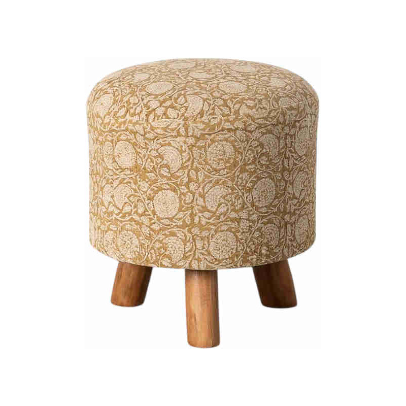 Pouf rond fleuri ocre en coton et lin 40x40x45 cm Dusea Ixia - 1