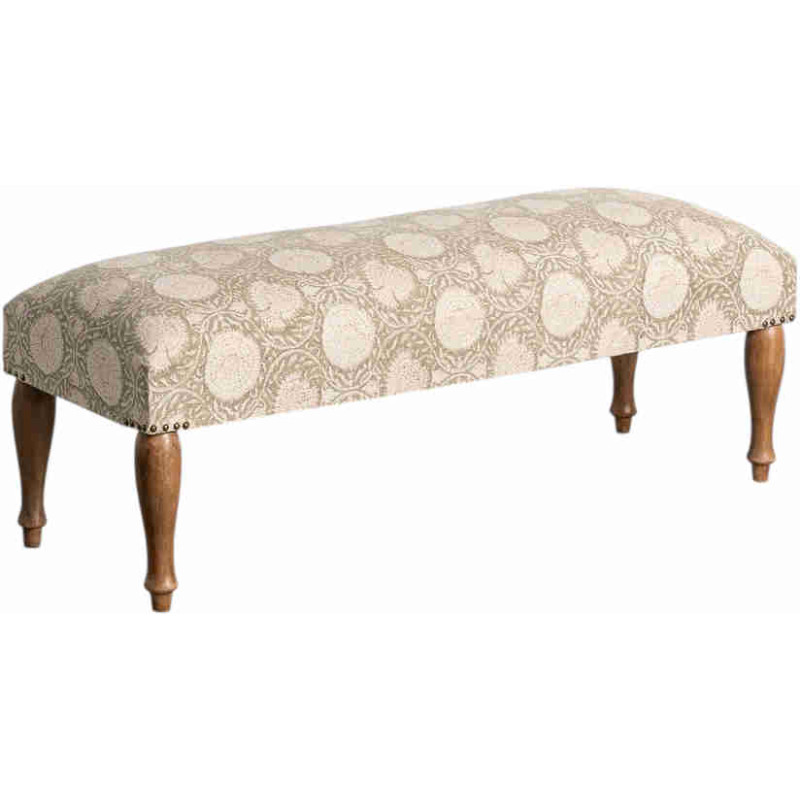 Banc bout de lit fleuri beige en tissu et manguier 115 cm Lusua Ixia - 1