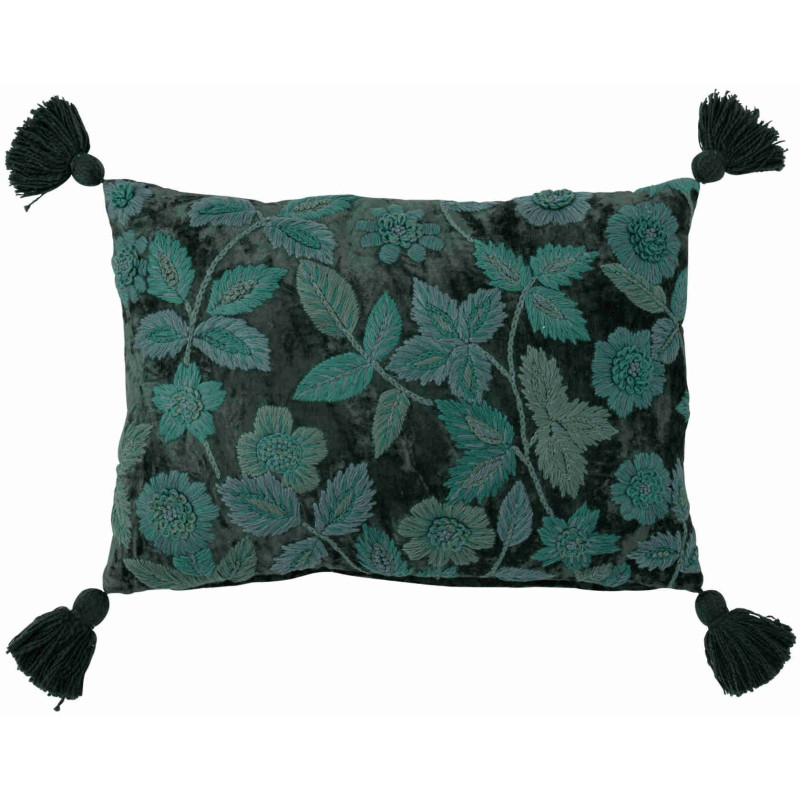 Coussin rectangulaire floral vert forêt et turquoise en viscose 50x35 cm Knerm J-Line - 1