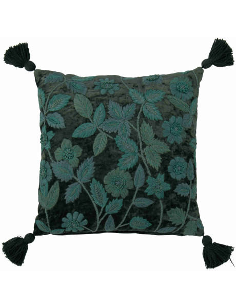 Coussin carré fleuri vert forêt et turquoise en viscose 45x45 cm Knerm J-Line - 1