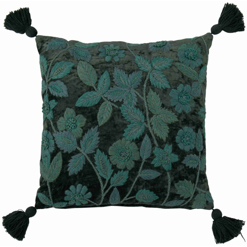 Coussin carré fleuri vert forêt et turquoise en viscose 45x45 cm Knerm J-Line - 1