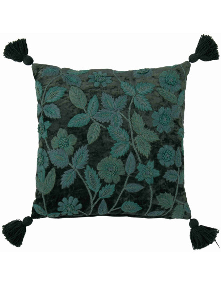 Coussin carré fleuri vert forêt et turquoise en viscose 45x45 cm Knerm J-Line - 1
