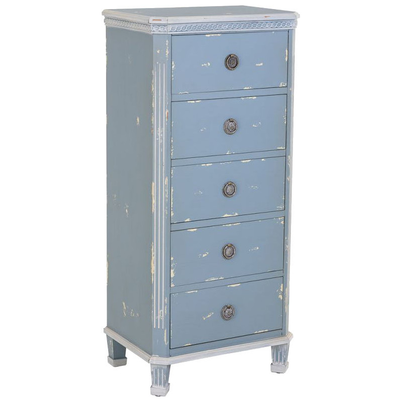 Chiffonnier 5 tiroirs bleu ciel patiné en sapin 50x35x110 cm Dazua  - 1