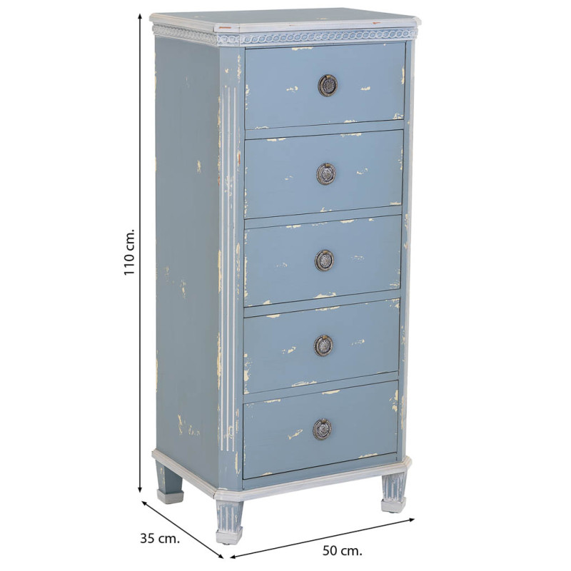 Chiffonnier 5 tiroirs bleu ciel patiné en sapin 50x35x110 cm Dazua  - 7