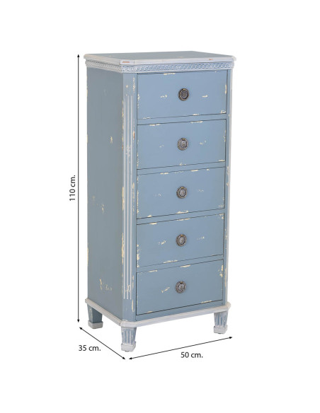 Chiffonnier 5 tiroirs bleu ciel patiné en sapin 50x35x110 cm Dazua  - 7