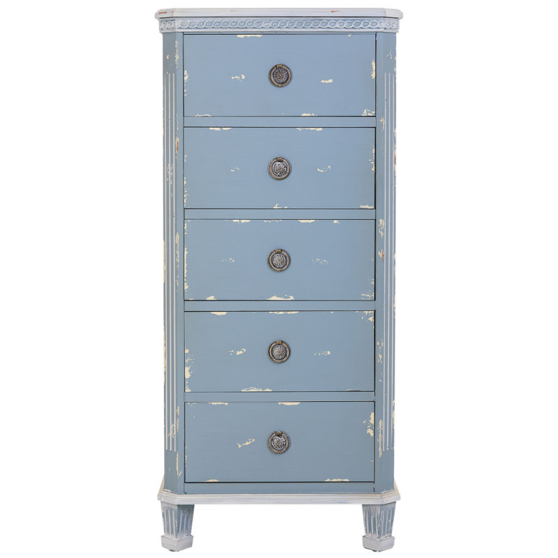 Chiffonnier 5 tiroirs bleu ciel patiné en sapin 50x35x110 cm Dazua  - 2