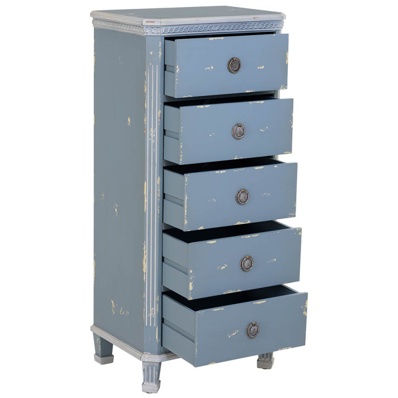 Chiffonnier 5 tiroirs bleu ciel patiné en sapin 50x35x110 cm Dazua  - 3