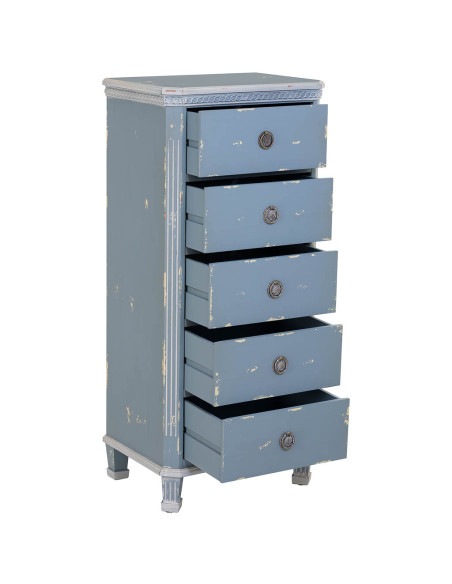 Chiffonnier 5 tiroirs bleu ciel patiné en sapin 50x35x110 cm Dazua  - 3