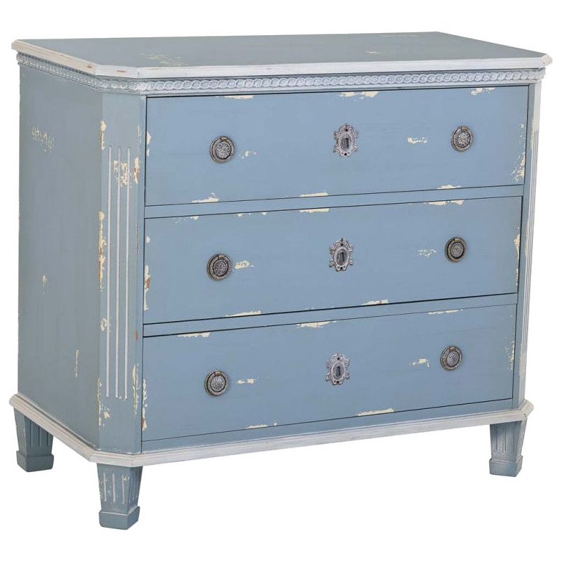 Commode 3 tiroirs bleu patiné en sapin 92x46x81 cm Dazua  - 1