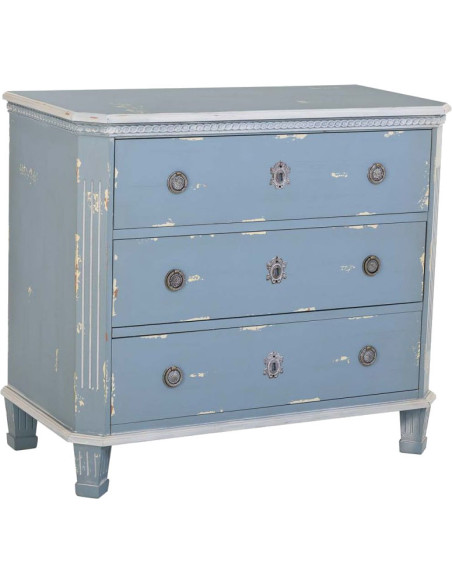 Commode 3 tiroirs bleu patiné en sapin 92x46x81 cm Dazua  - 1