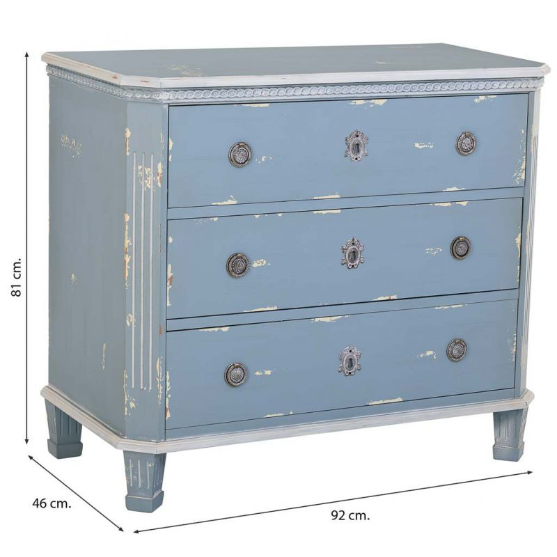 Commode 3 tiroirs bleu patiné en sapin 92x46x81 cm Dazua  - 8