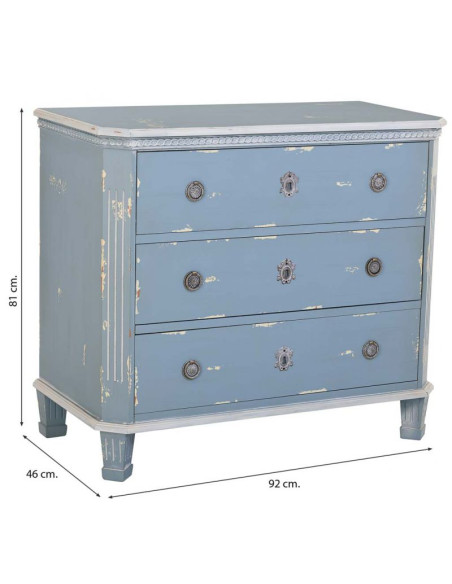 Commode 3 tiroirs bleu patiné en sapin 92x46x81 cm Dazua  - 8