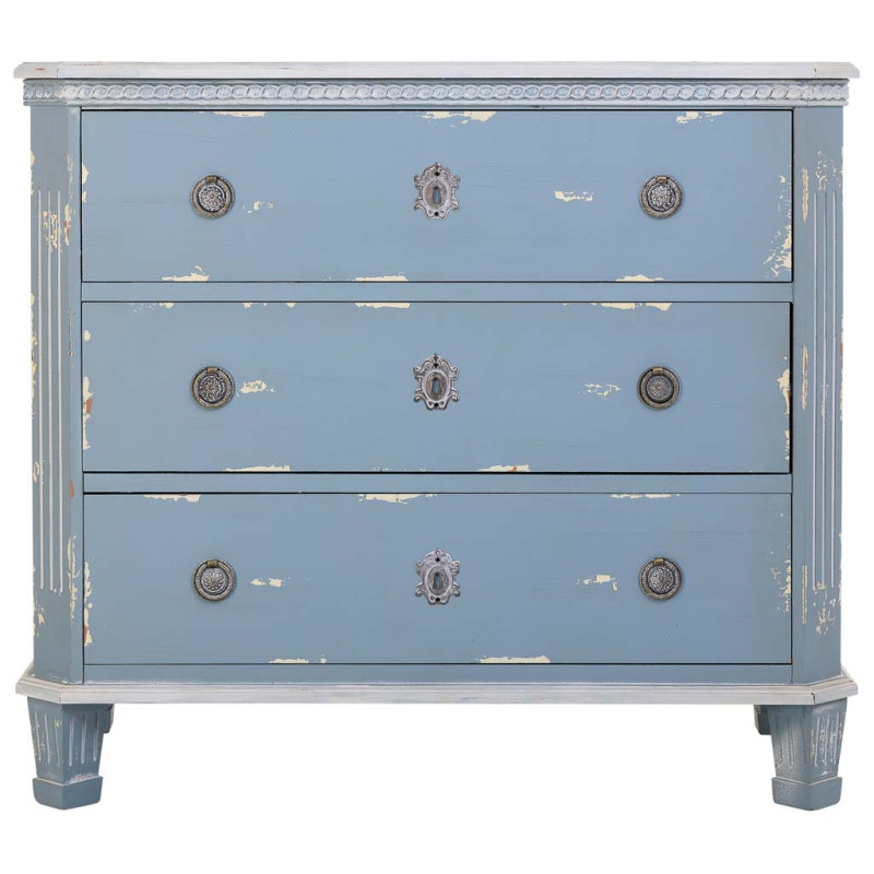 Commode 3 tiroirs bleu patiné en sapin 92x46x81 cm Dazua  - 2