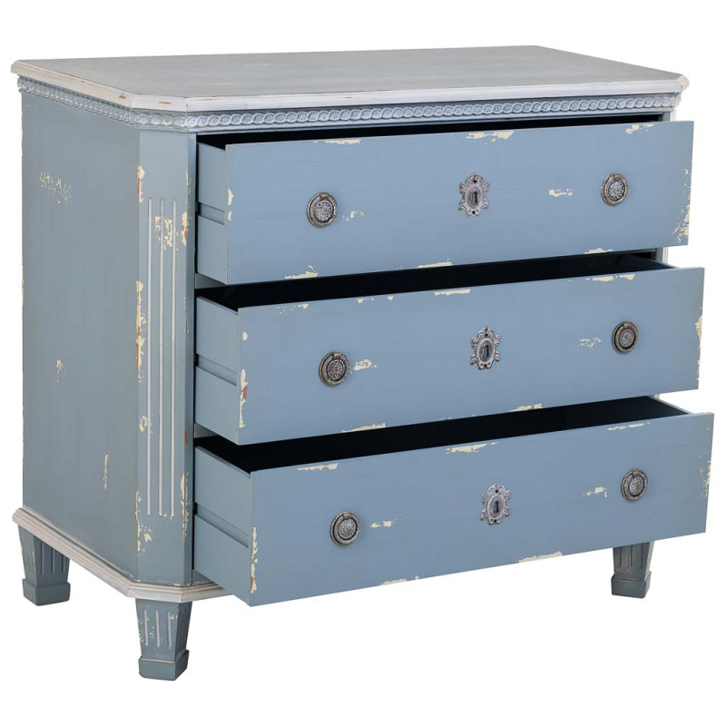 Commode 3 tiroirs bleu patiné en sapin 92x46x81 cm Dazua  - 3