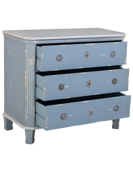 Commode 3 tiroirs bleu patiné en sapin 92x46x81 cm Dazua  - 3