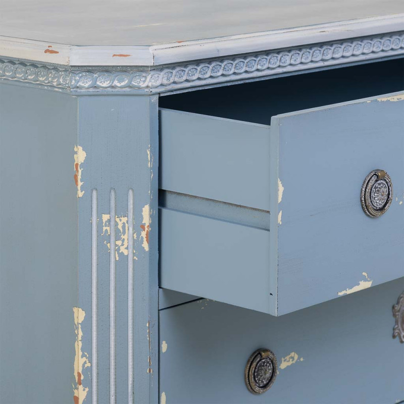 Commode 3 tiroirs bleu patiné en sapin 92x46x81 cm Dazua  - 5