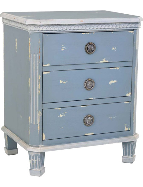 Table de chevet 3 tiroirs en sapin bleu patiné 50x35x60 cm Dazua  - 1