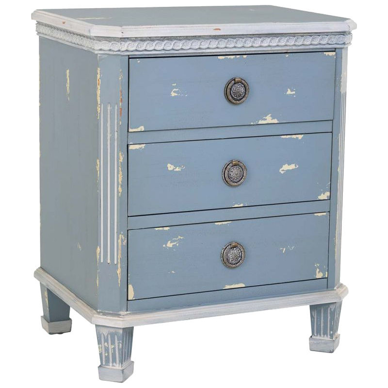 Table de chevet 3 tiroirs en sapin bleu patiné 50x35x60 cm Dazua  - 1