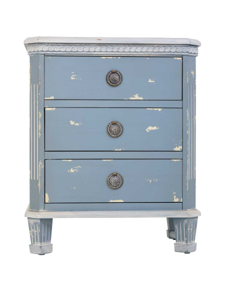 Table de chevet 3 tiroirs en sapin bleu patiné 50x35x60 cm Dazua  - 2