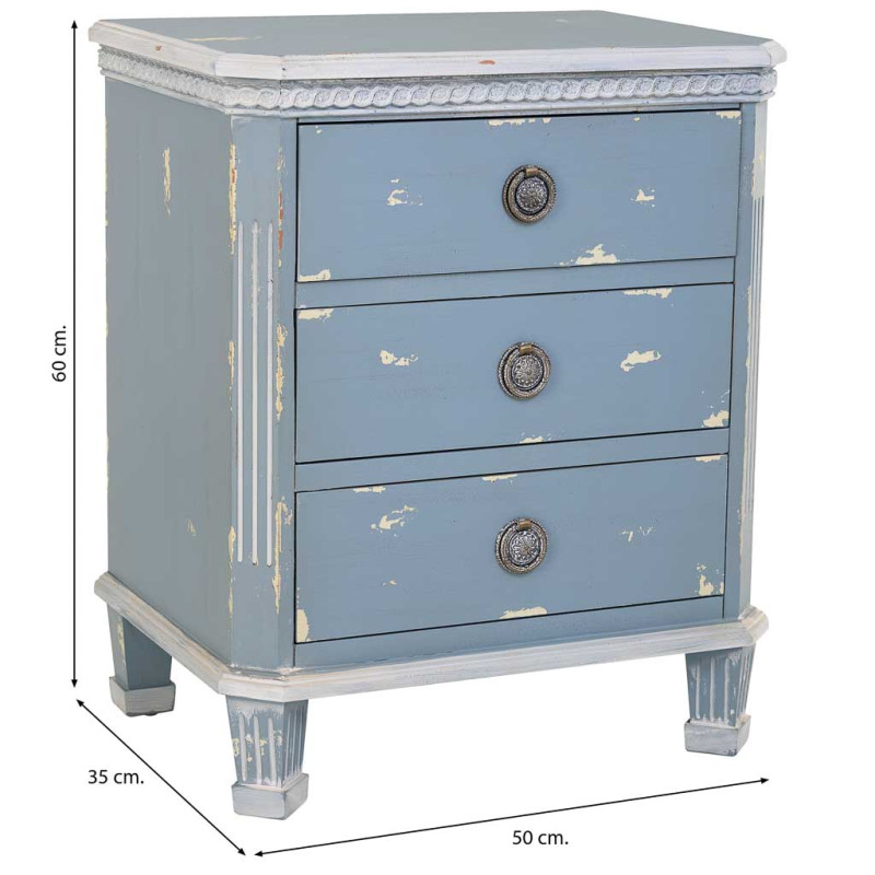 Table de chevet 3 tiroirs en sapin bleu patiné 50x35x60 cm Dazua  - 7
