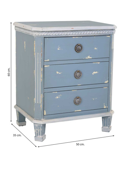 Table de chevet 3 tiroirs en sapin bleu patiné 50x35x60 cm Dazua  - 7
