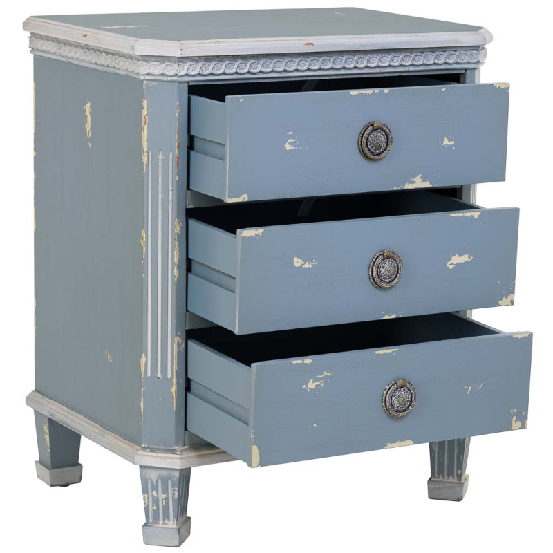 Table de chevet 3 tiroirs en sapin bleu patiné 50x35x60 cm Dazua  - 3