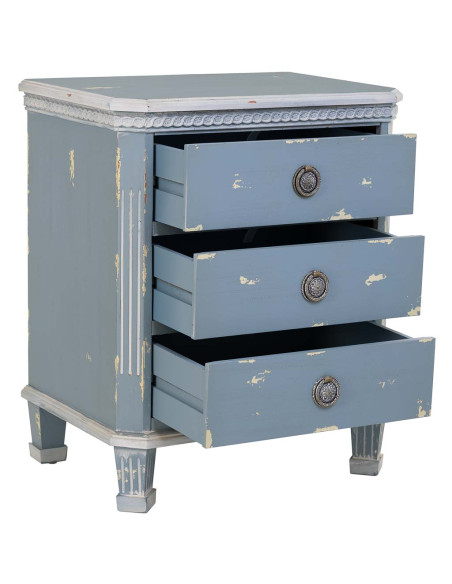 Table de chevet 3 tiroirs en sapin bleu patiné 50x35x60 cm Dazua  - 3